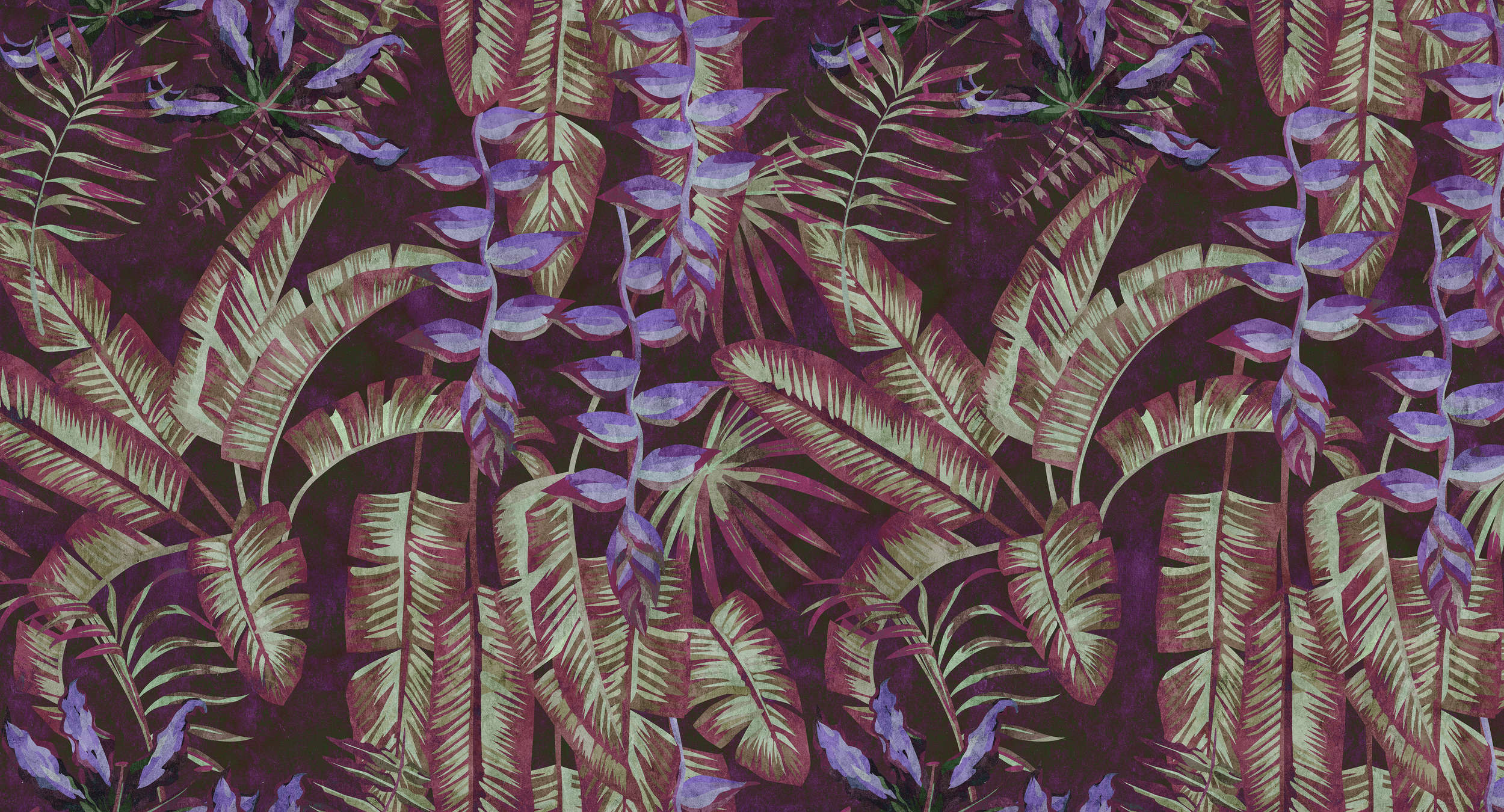             Tropicana 3 - Tropische Fototapete in Löschpapier Struktur mit Blättern & Farnen – Rot, Violett | Perlmutt Glattvlies
        
