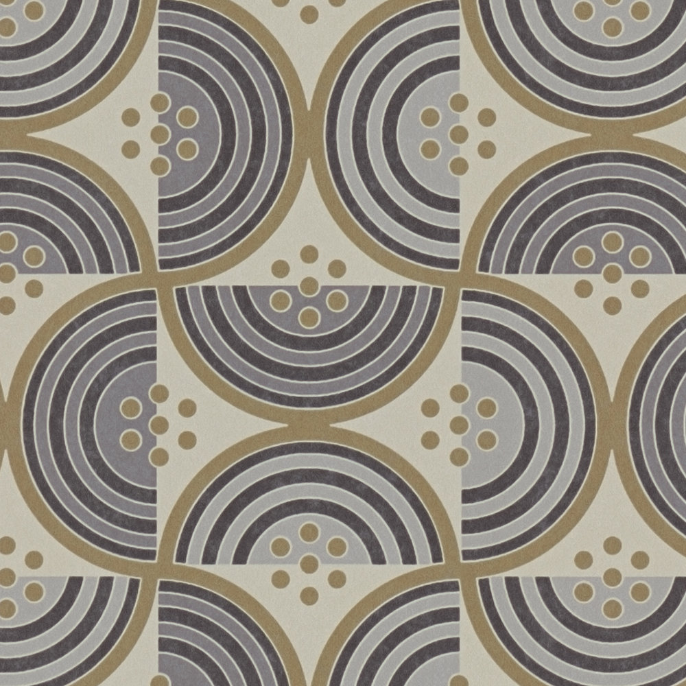             Vliestapete mit quadratischem Muster aus Halbkreisen und Punkten – Gelb, Grau, Schwarz
        