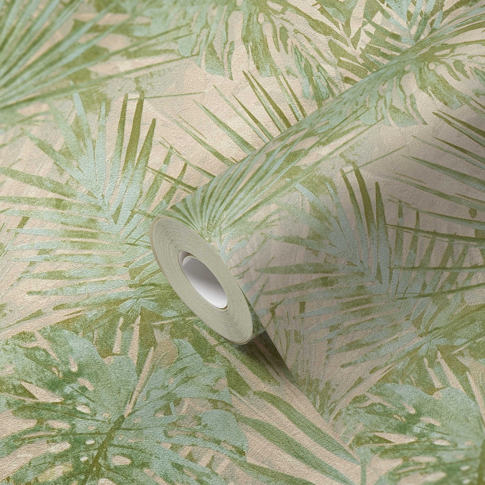             Vliestapete mit Dschungelblättern PVC-frei – Grün, Beige
        