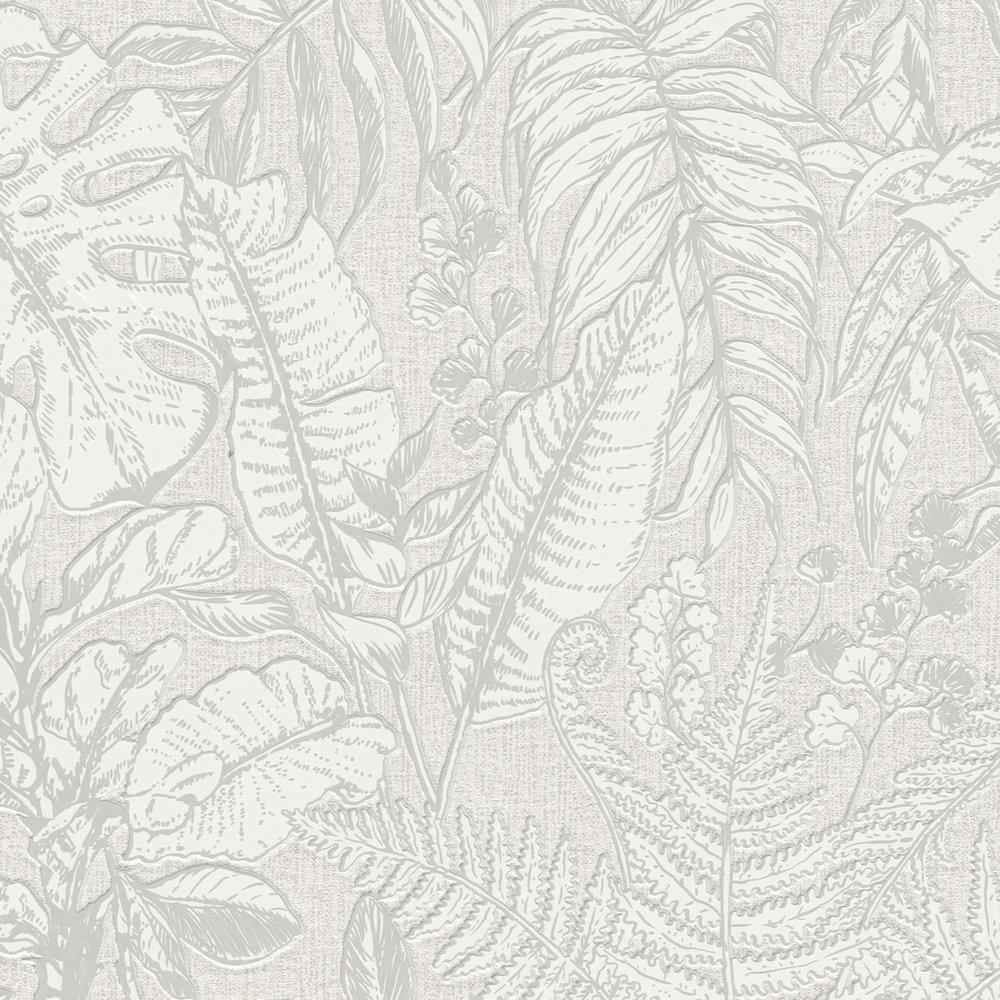             Dschungel Tapete, Monstera Blätter & Farne – Grau, Weiß
        