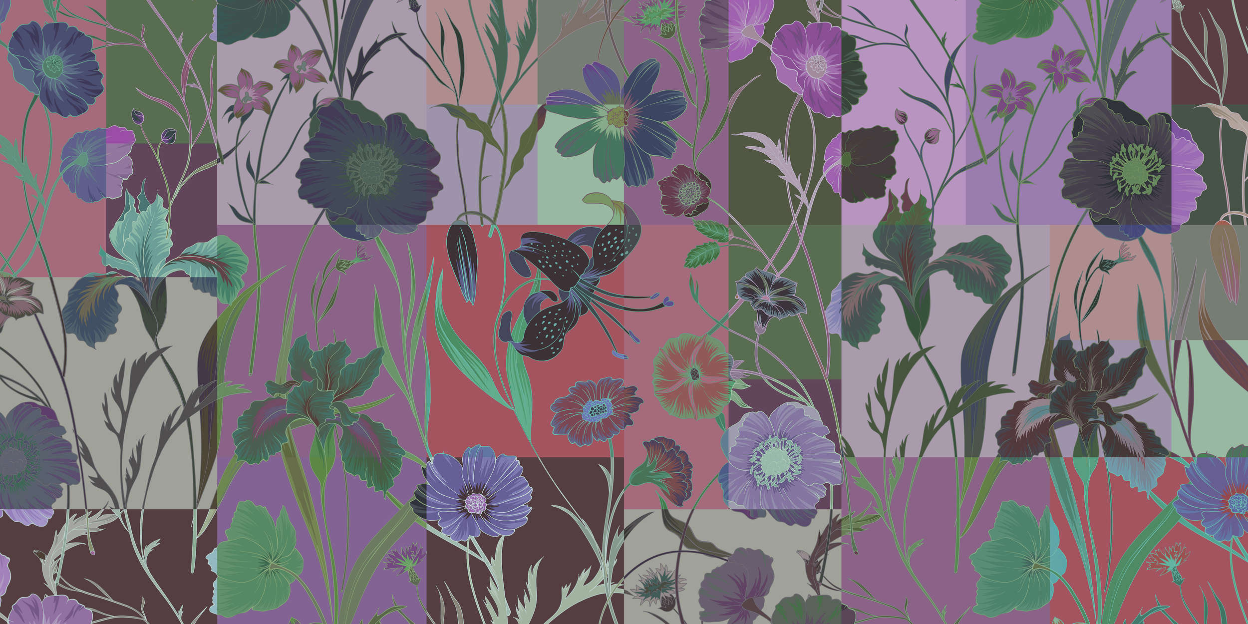             Floral patch 1 - Bunte Fototapete mit Blumen Patchwork – Grün, Rot | Perlmutt Glattvlies
        