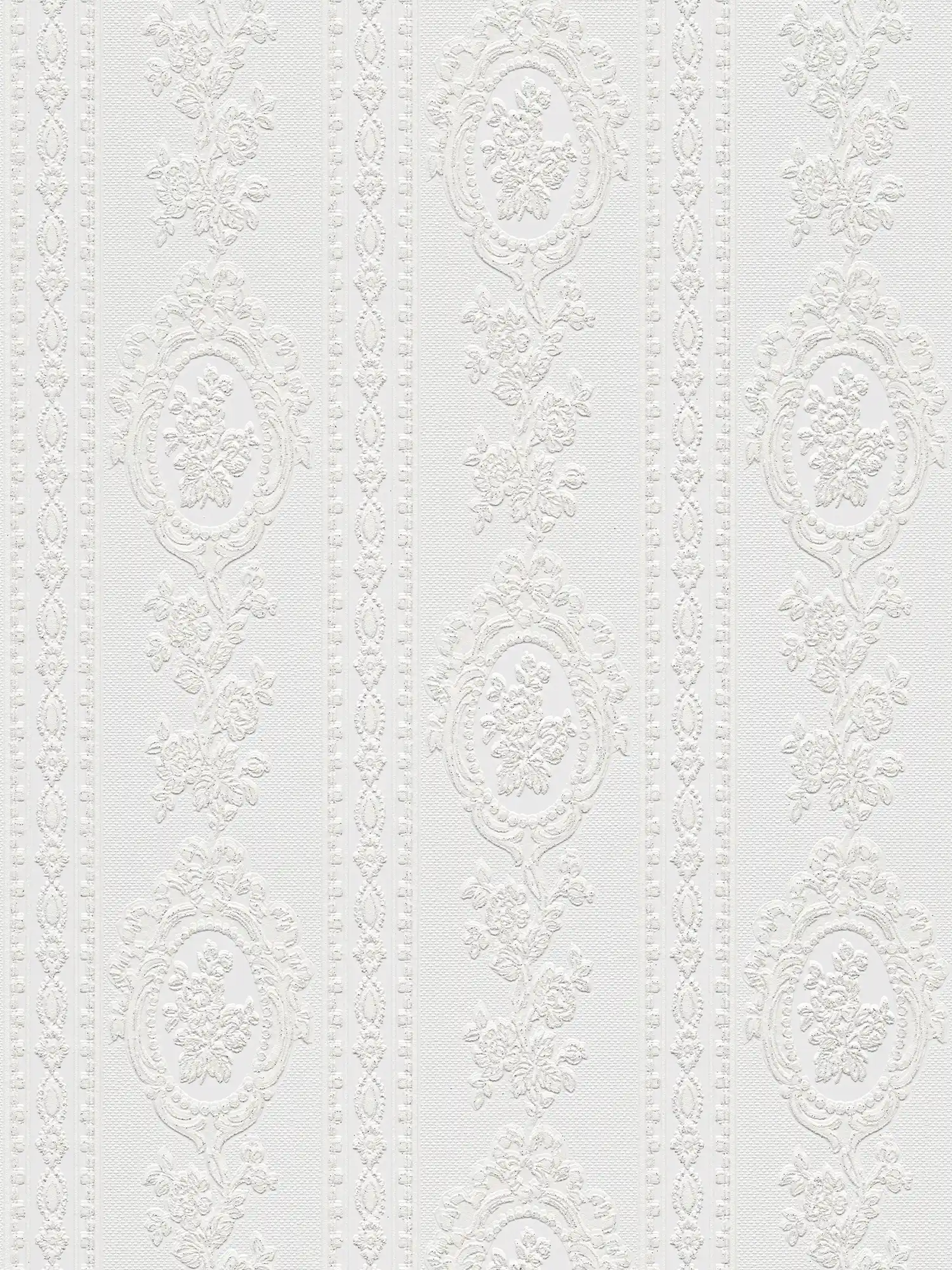         Ornamenttapete florale Elemente, Streifen und Blumen – Weiß
    