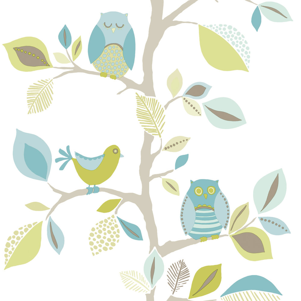            Kinderzimmer Tapete neutral mit Eule & Baum Muster – Blau, Grün
        