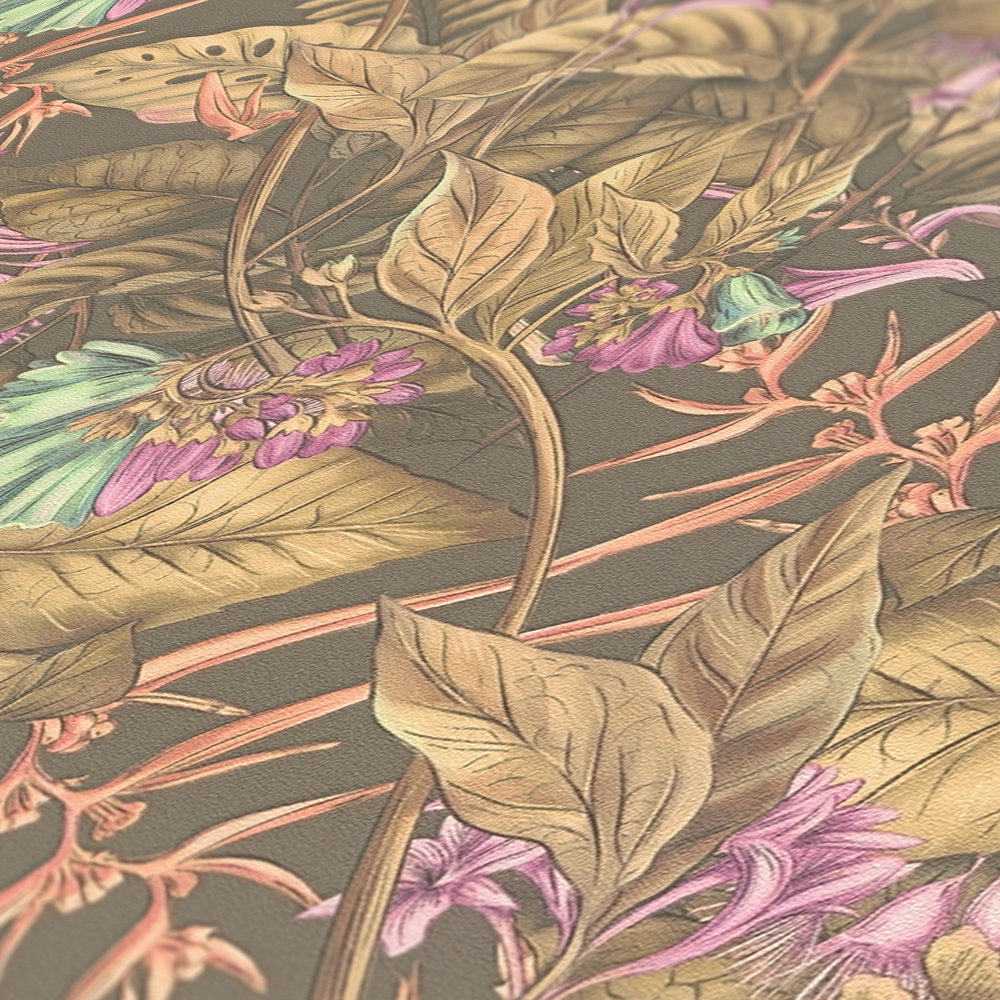             Florale Tapete mit Blüten & Blättern strukturiert matt – Braun, Beige, Lila
        