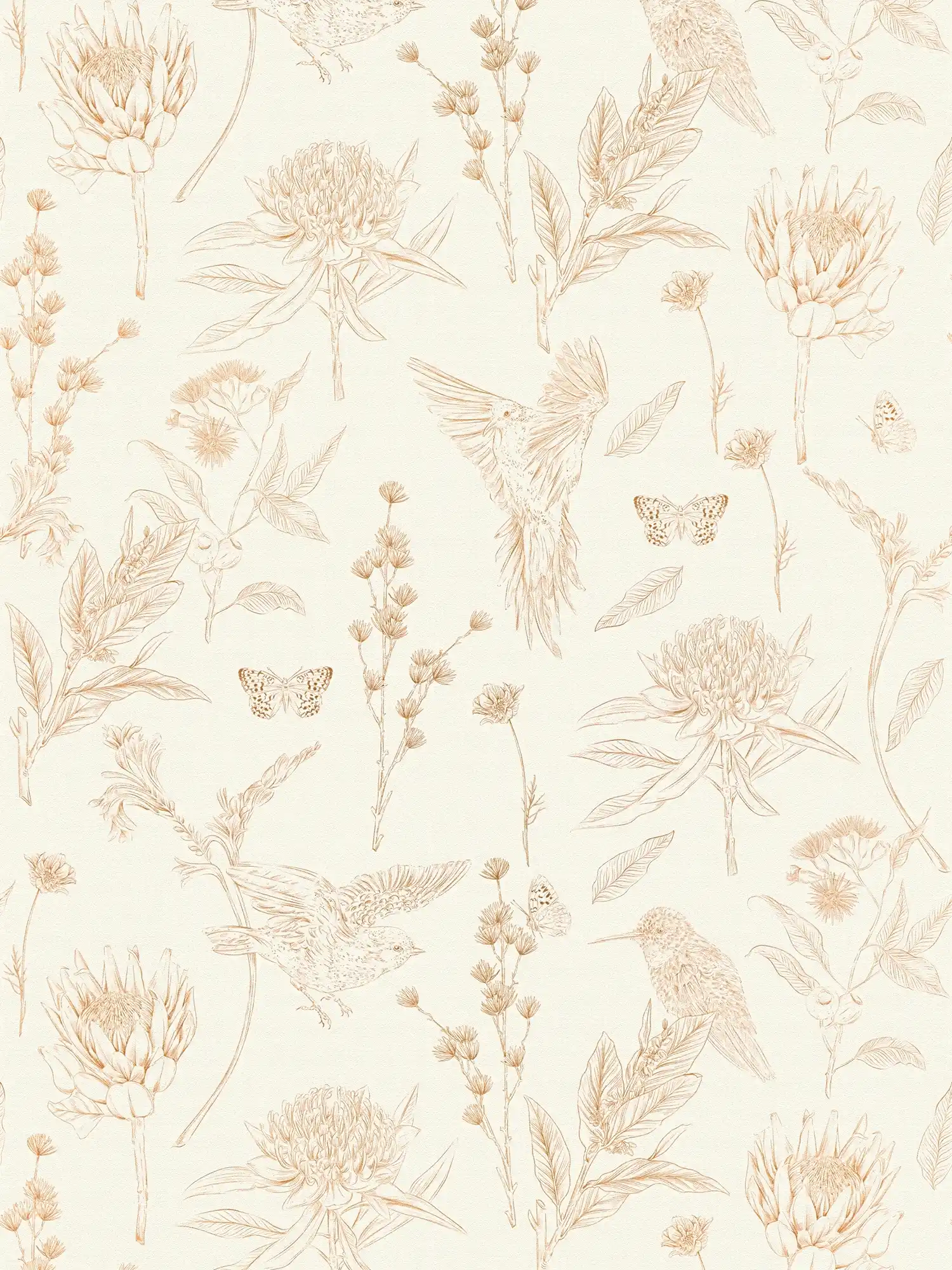 Florale Tapete mit Blättern & Tieren strukturiert matt – Weiß, Braun, Beige
