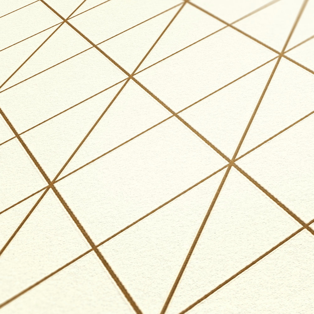             Vliestapete mit goldenem Linienmuster & Rautendesign – Creme
        