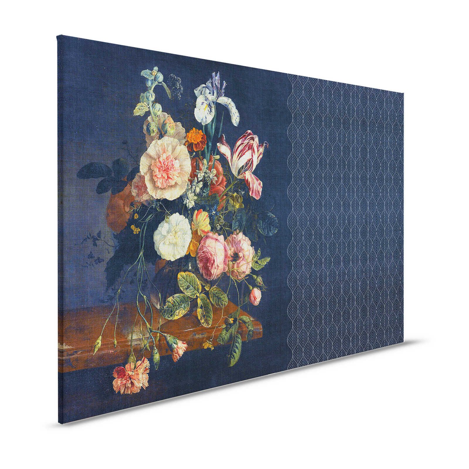 Cortina 2 - Dunkelblaues Leinwandbild Art Deko Muster mit Blumenstrauß – 1,20 m x 0,80 m
