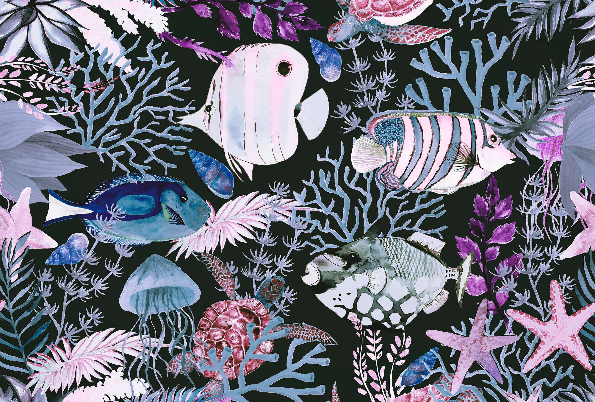             Unterwasser Fototapete mit Fischen & Korallen im Aquarell Stil
        
