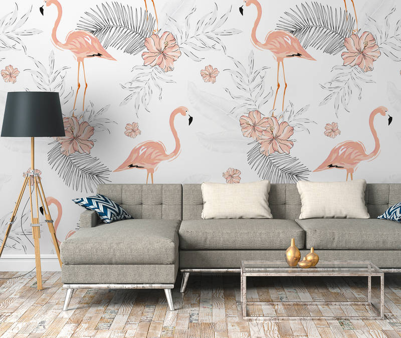             Fototapete Flamingos & Tropenpflanzen – Weiß, Rosa, Grau
        