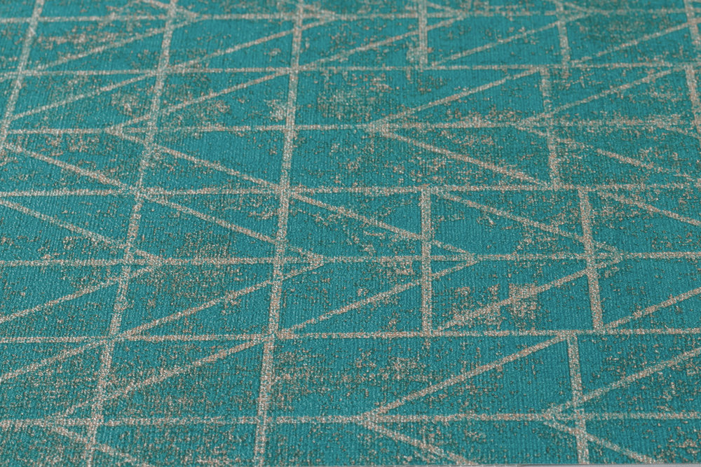             Türkise Ethno-Tapete mit Navajo-Muster und Metallic-Effekt – Blau, Grün, Gold
        