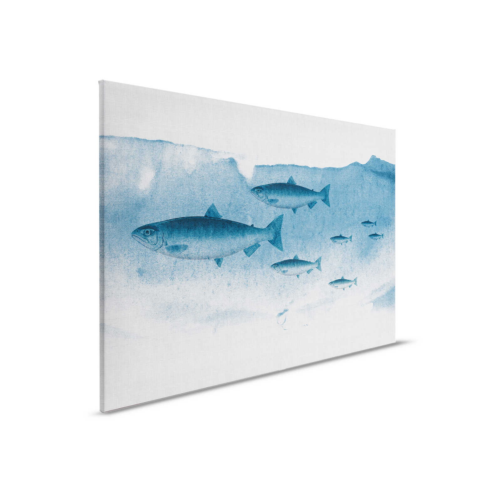 Into the blue 1 - Fisch Aquarell in Blau als Leinwandbild in naturleinen Struktur – 0,90 m x 0,60 m
