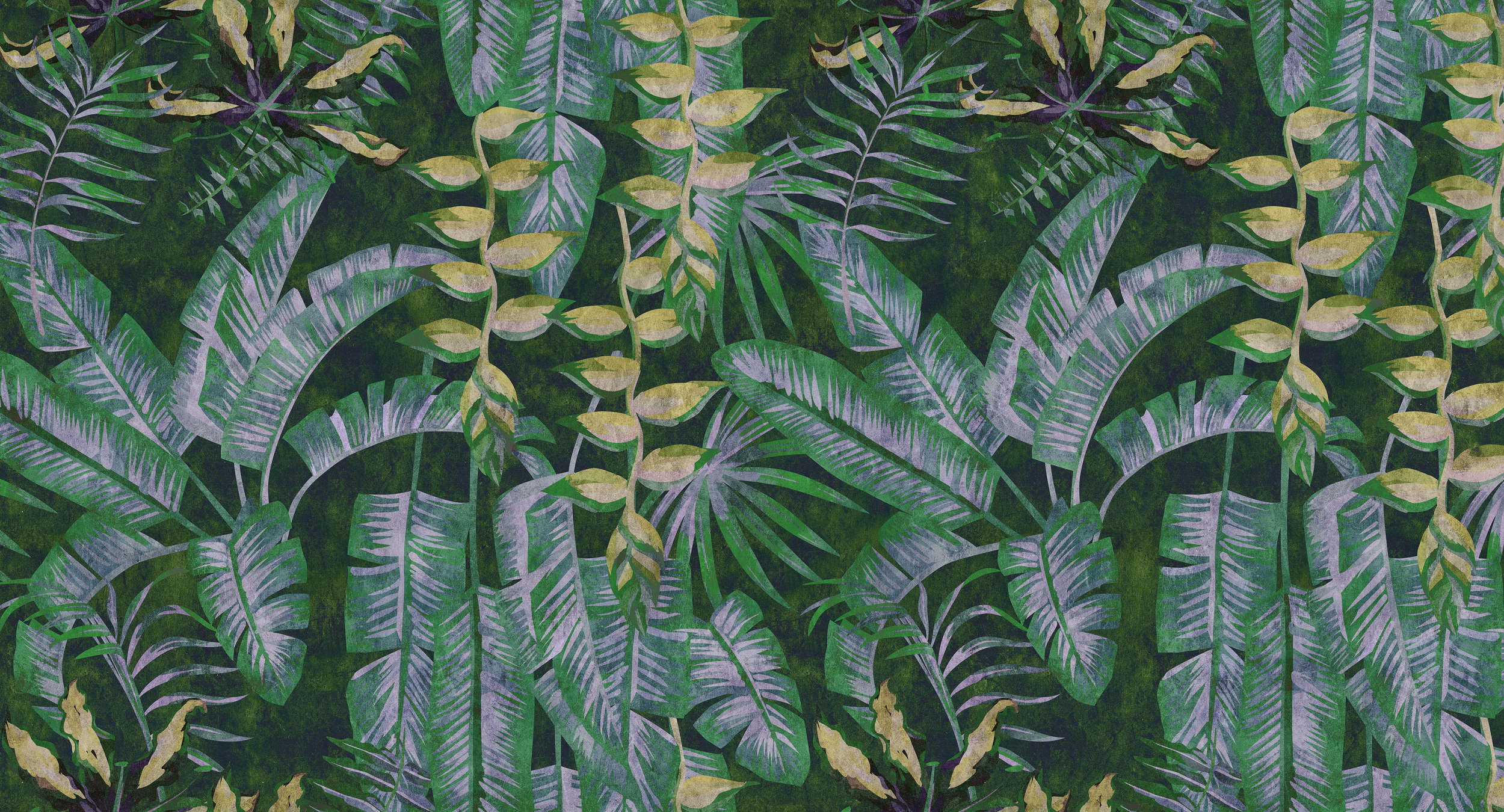             Tropicana 2 - Digitaldrucktapete mit tropische Pflanzen in Löschpapier Struktur – Gelb, Grün | Perlmutt Glattvlies
        