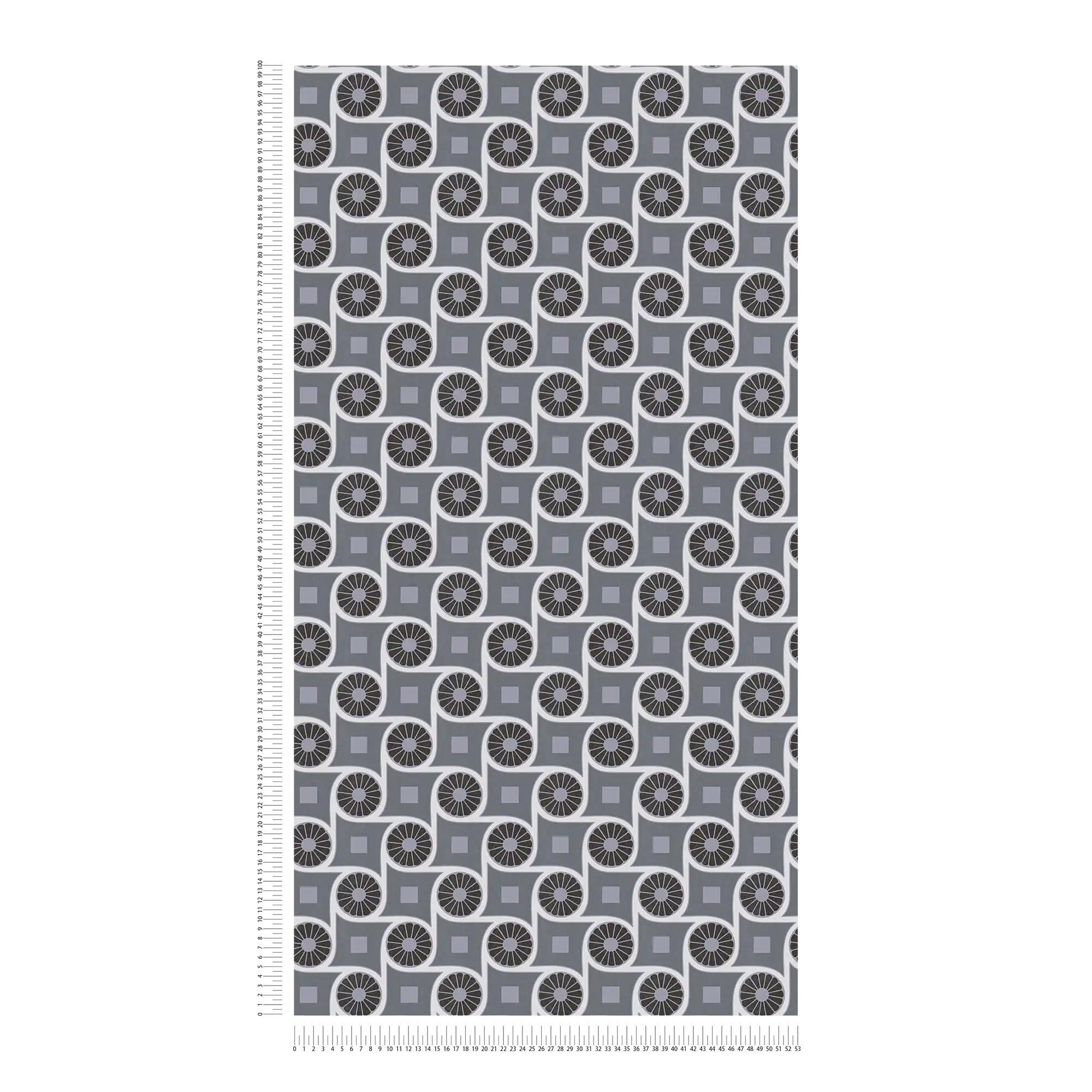             Tapete im Retrostil mit Kreismuster und Quadraten – Grau, Weiß, Schwarz
        