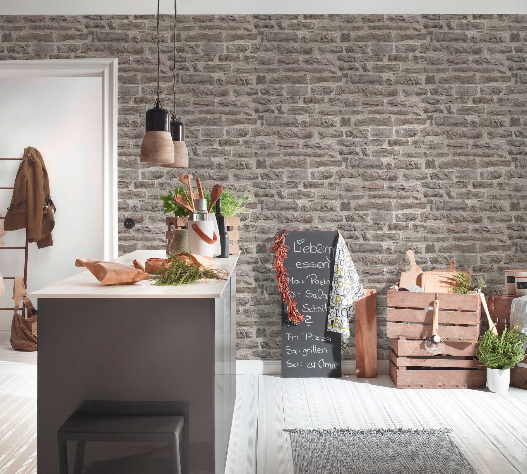             Naturstein-Tapete mit realistischer Maueroptik – Grau, Braun
        