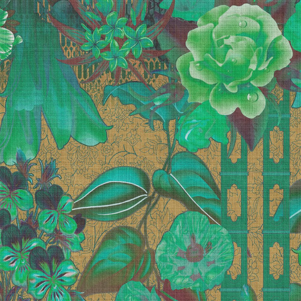             Fototapete »sati 2« - Blütendesign & Ornamente mit Leinenstruktur-Optik – Grün | Glattes, leicht perlmutt-schimmerndes Vlies
        