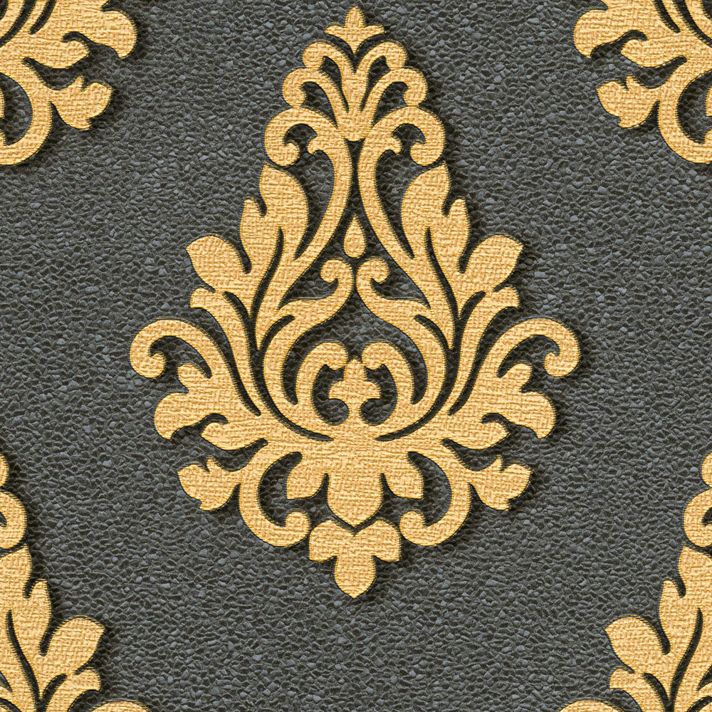             Ornamenttapete mit Metallic Farben & Struktureffekt – Gold, Schwarz
        