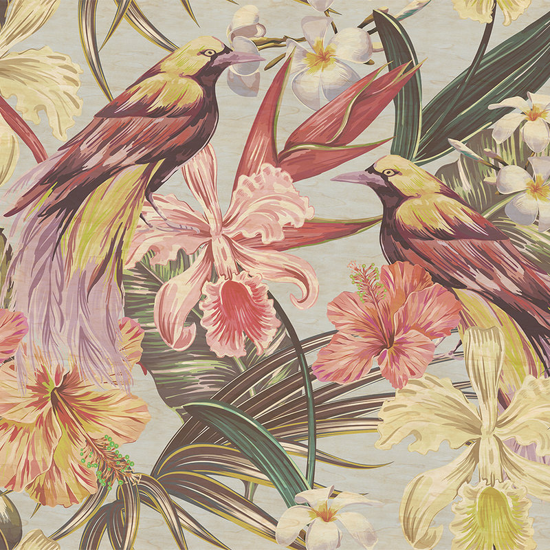 Exotic birds 1 - Exotische Vögel und Blumen Fototapete in Sperrholz Struktur – Beige, Rosa | Premium Glattvlies

