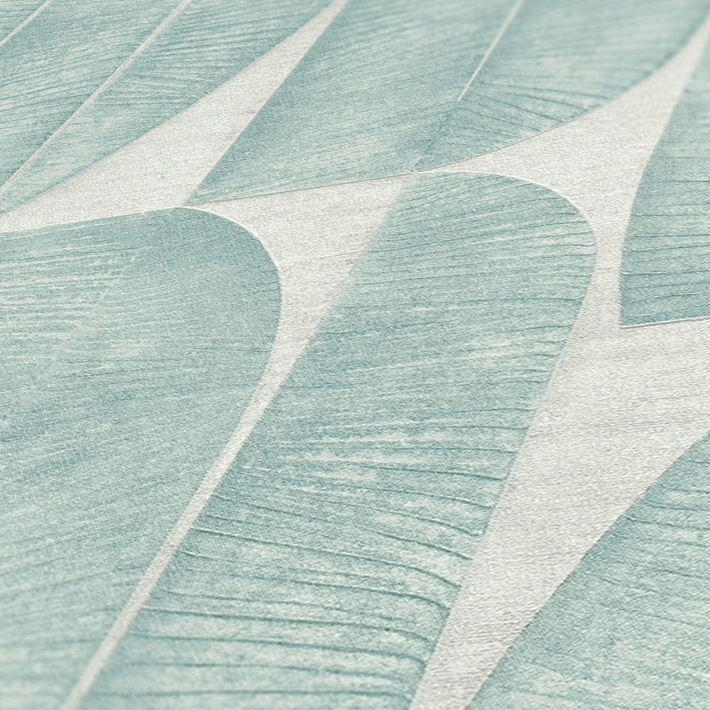             Leicht strukturierte Tapete mit geometrischem Blattmuster – Grau, Blau, Türkis
        
