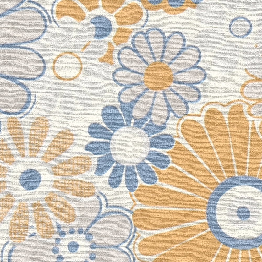             Vliestapete mit floraler Bemusterung im Retro Stil – Blau, Orange, Grau
        