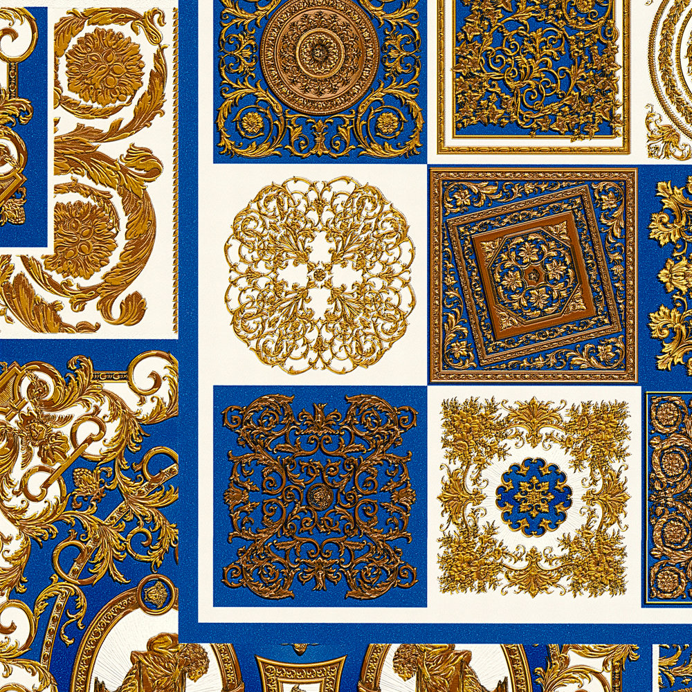             VERSACE Home Tapete Barock-Details & Animal Print – Gold, Blau, Weiß
        