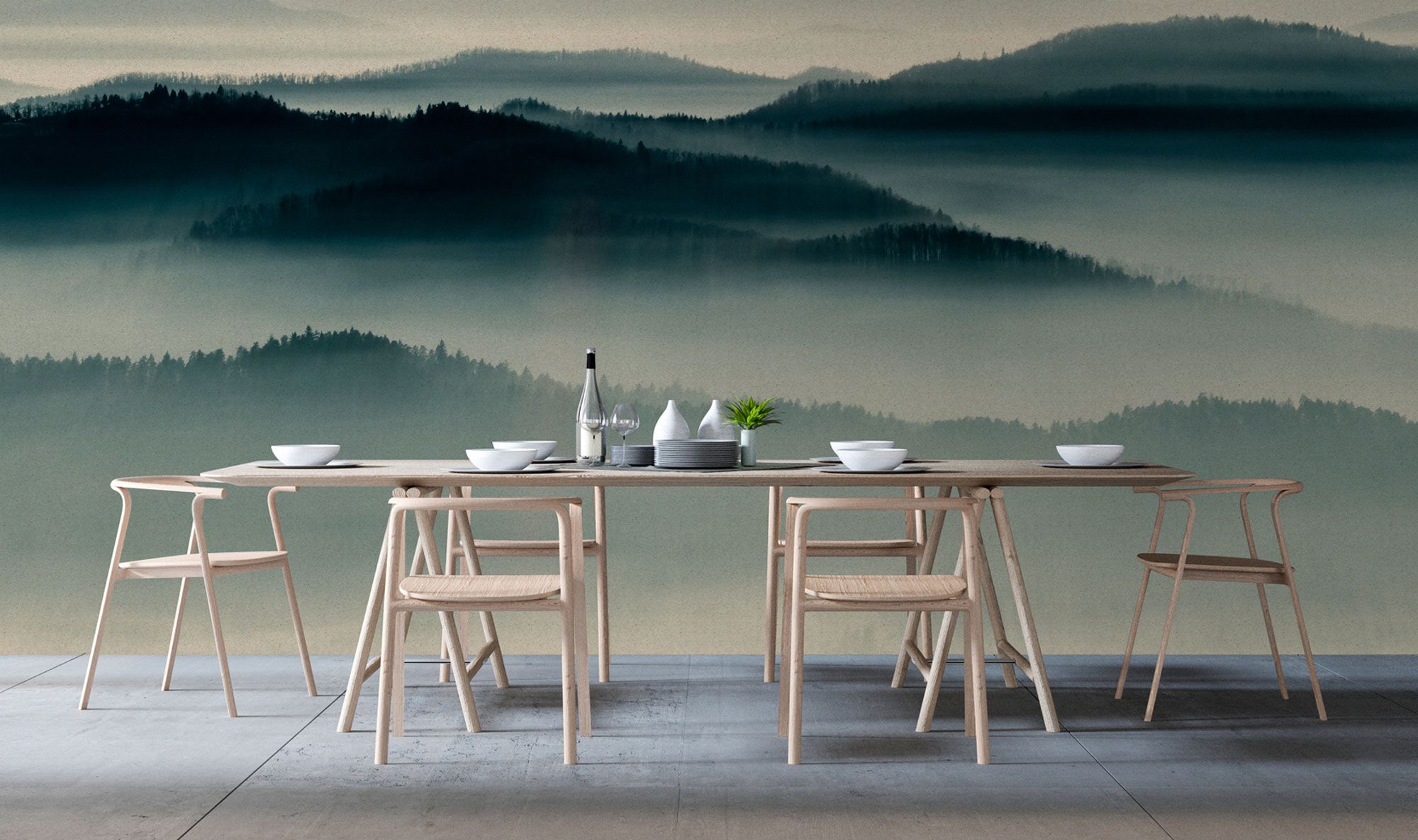 Horizon 1 - Fototapete mit Nebel-Landschaft, Natur Sky Line in Pappe Struktur – Beige, Blau | Premium Glattvlies