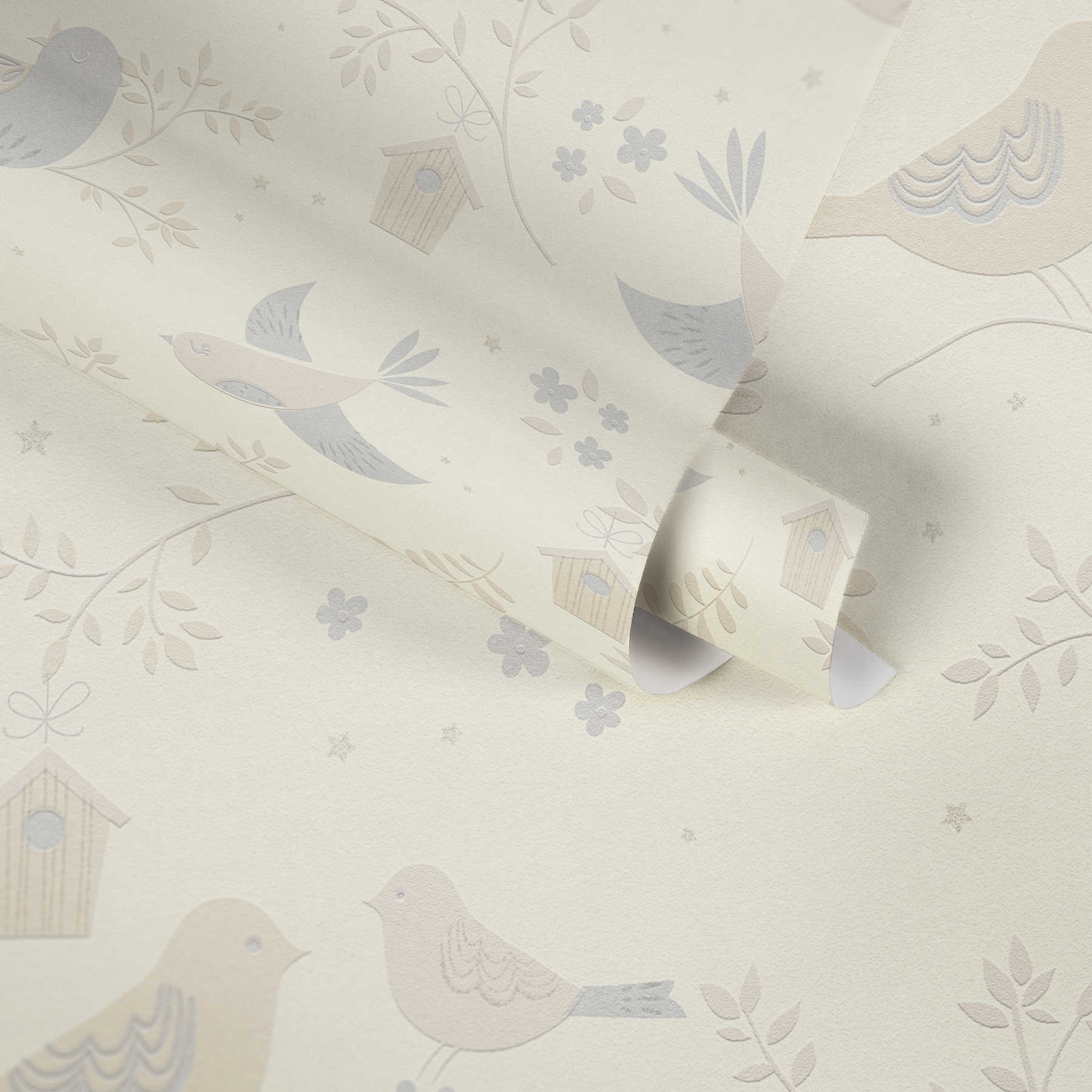             Tapete Vogel & Blumenmuster für Babyzimmer– Beige, Grau
        