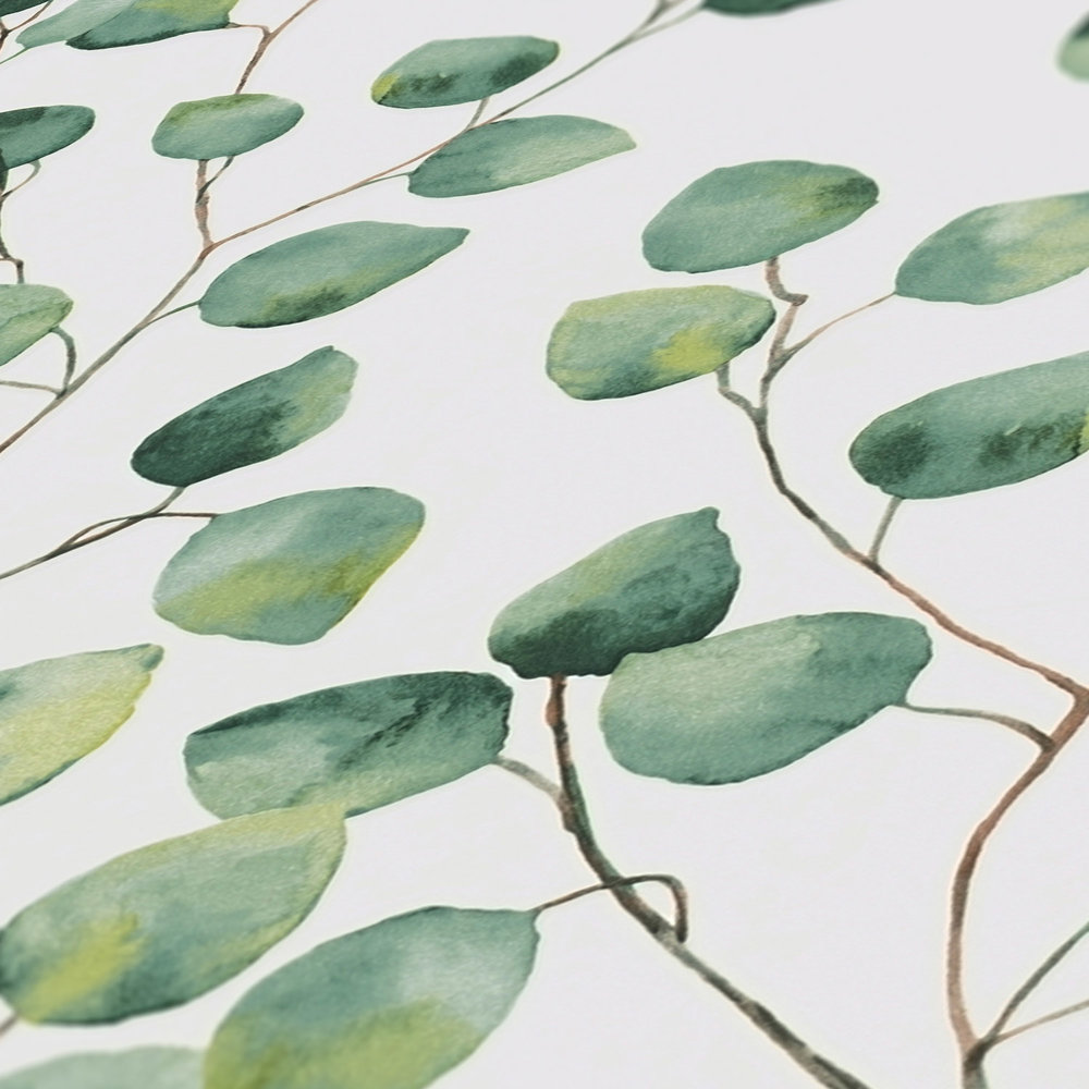             Selbstklebende Tapete | Blätterranken in Aquarellstil – Weiß, Grün
        