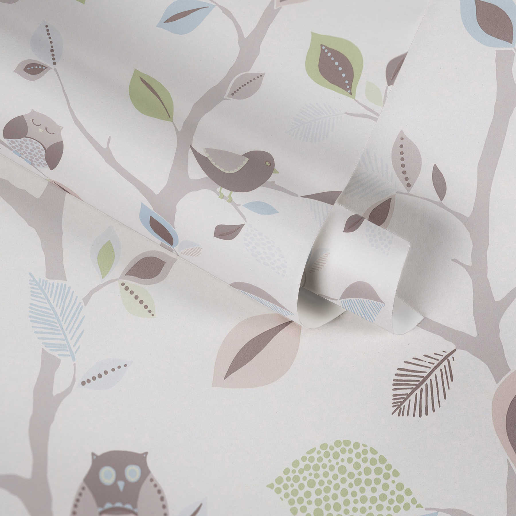             Kinderzimmertapete Papier mit Wald und Eulen – Bunt, Grün
        