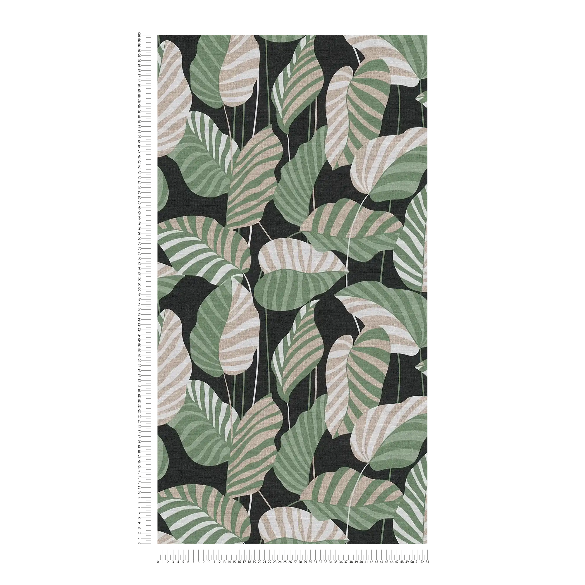             Vliestapete mit Palmblättern in leichtem Glanz – Schwarz, Grün, Gold
        