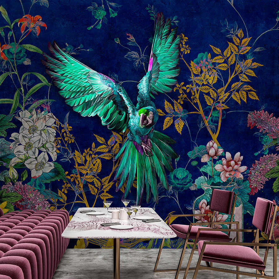         Tropical Hero 1 – Fototapete Blumen & Papagei intensive Farben
    