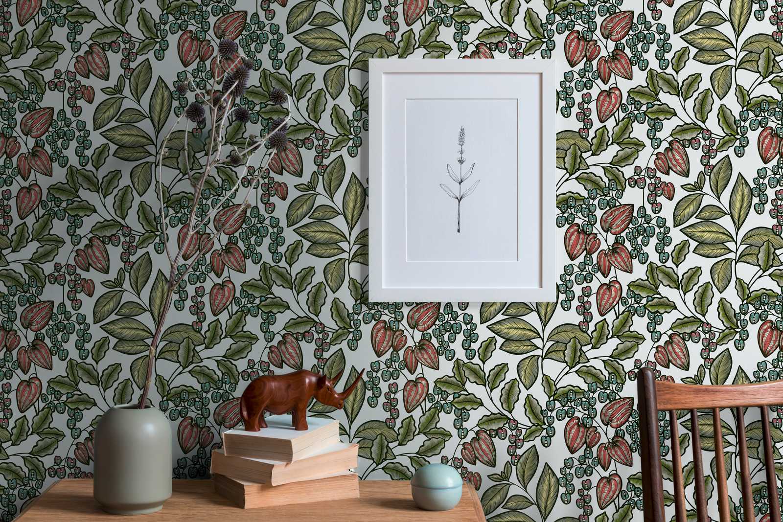             Florale Tapete Natur Design Scandinavian Print – Bunt, Grün, Weiß
        