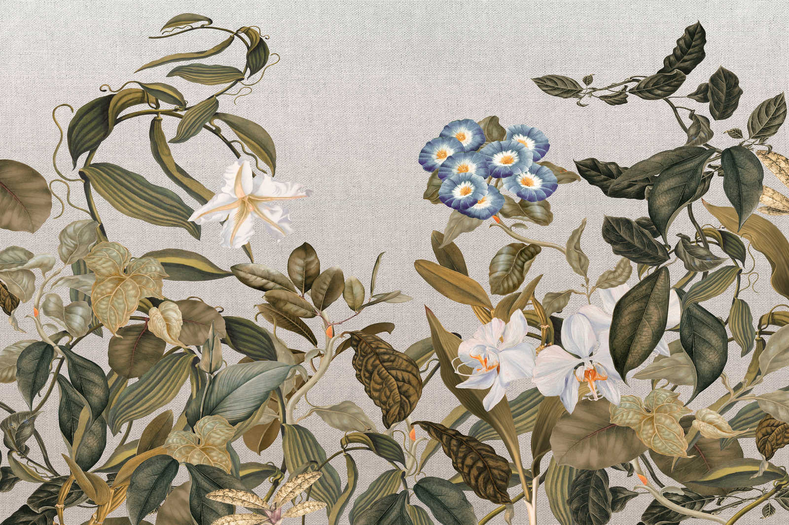             Leinwandbild Botanical Stil Blüten, Blättern & Textil-Look – 1,20 m x 0,80 m
        