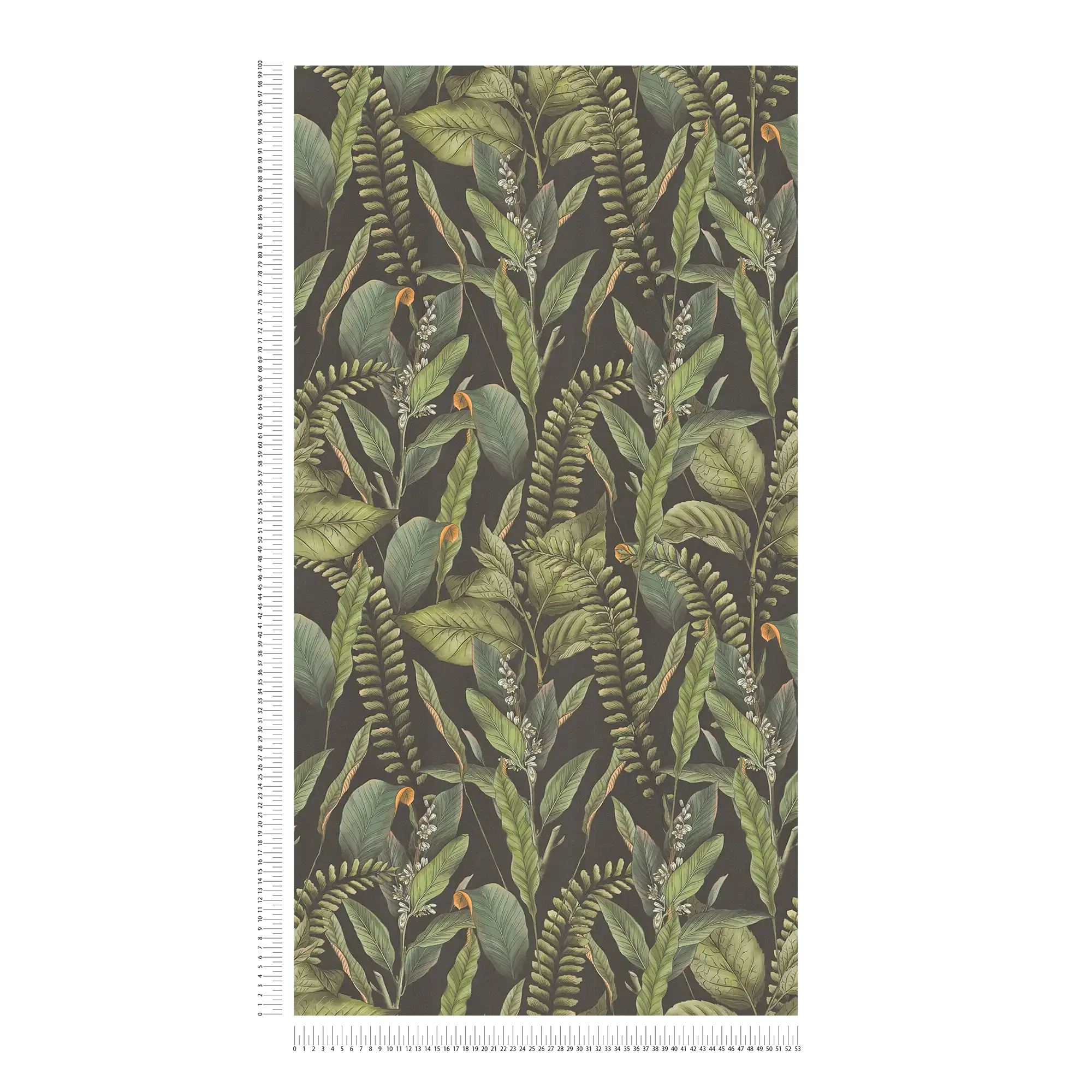            Dschungeltapete im floralen Stil mit Blättern & Blüten strukturiert matt – Schwarz, Grün, Orange
        