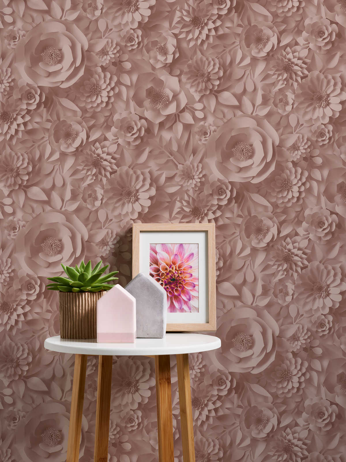             3D Tapete mit Papierblumen, Grafik Blüten-Muster – Rosa
        