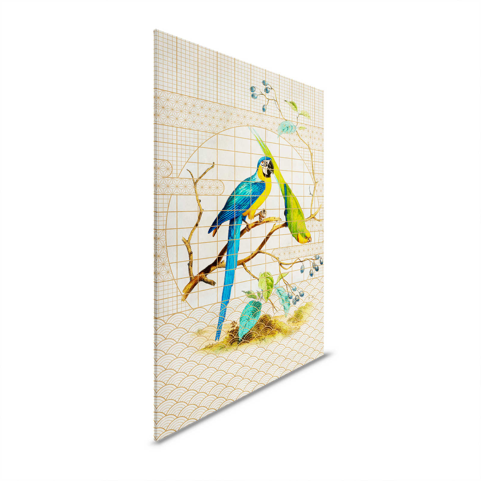 Voliere 3 - Leinwandbild Papagei & goldenes Muster im Vintage Stil – 1,20 m x 0,80 m
