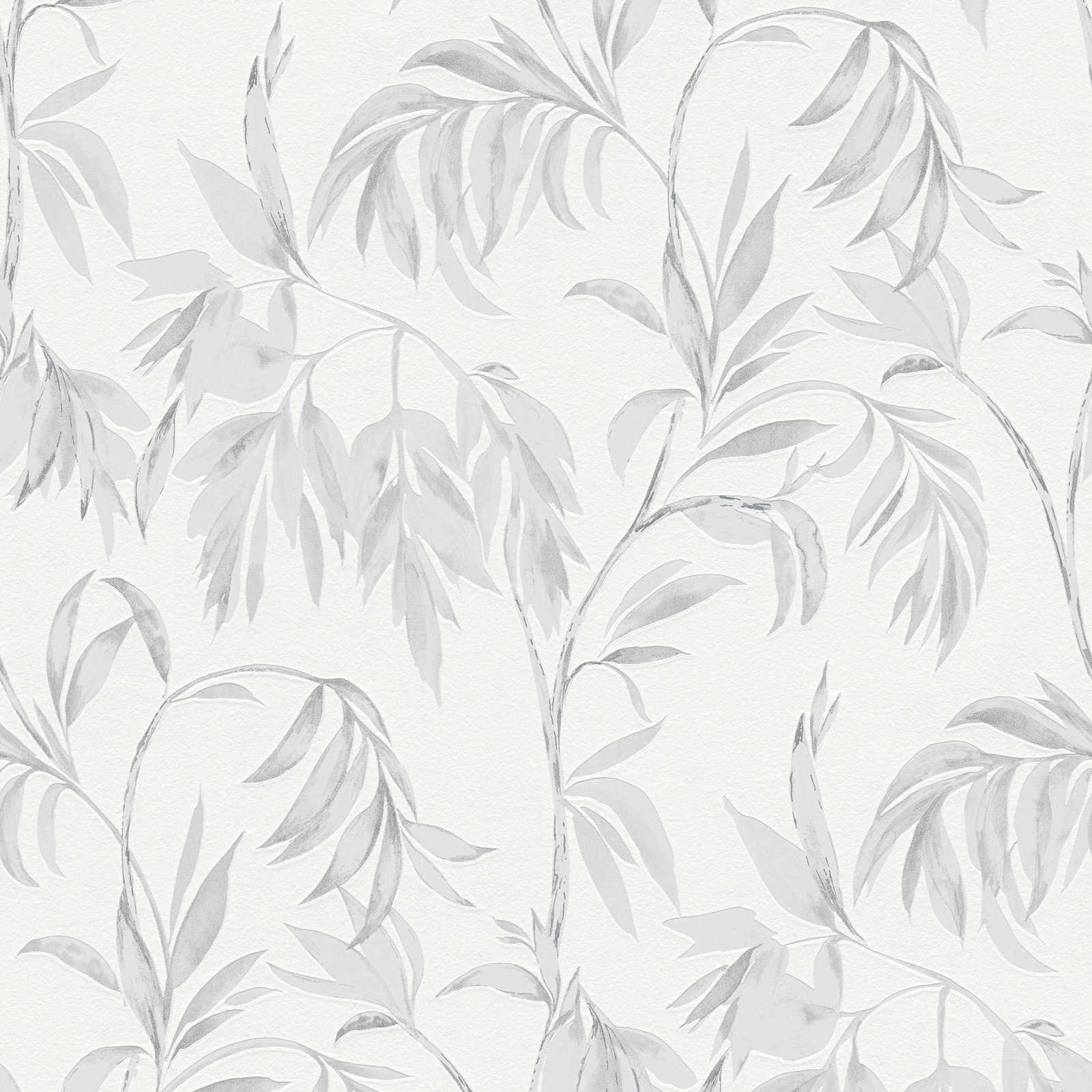 Tapete Blätter Ranken im Aquarell Stil – Grau, Weiß
