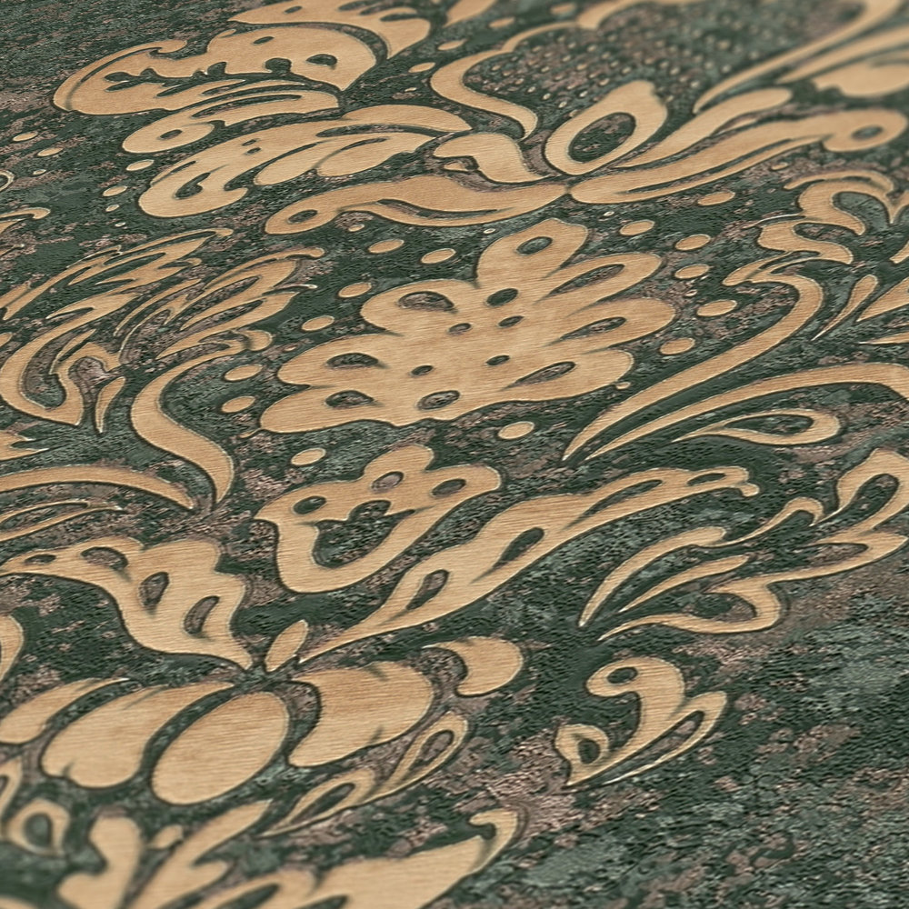             Ornamenttapete mit floralem Stil & Gold-Effekt – Beige, Braun, Grün
        