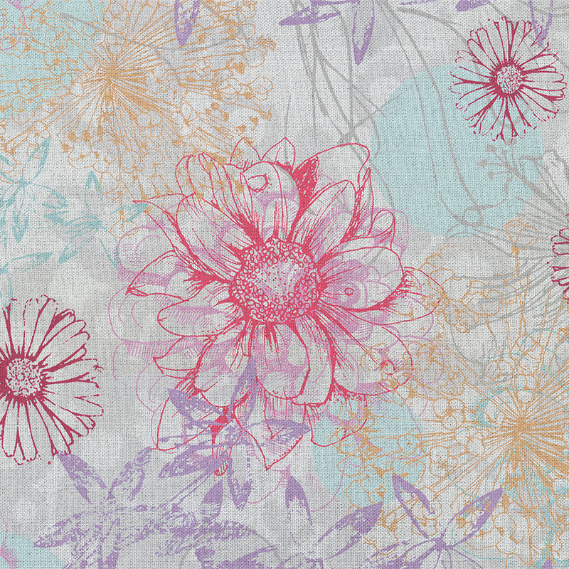         Bunte Fototapete mit Textil-Look & Blüten – Rosa, Blau, Weiß
    