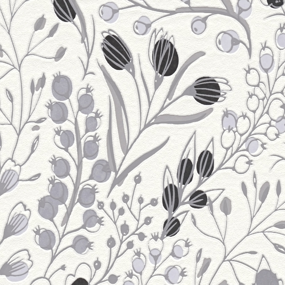             Abstrakte Floral Tapete im Zeichenstil matt – Grau, Weiß, Schwarz
        