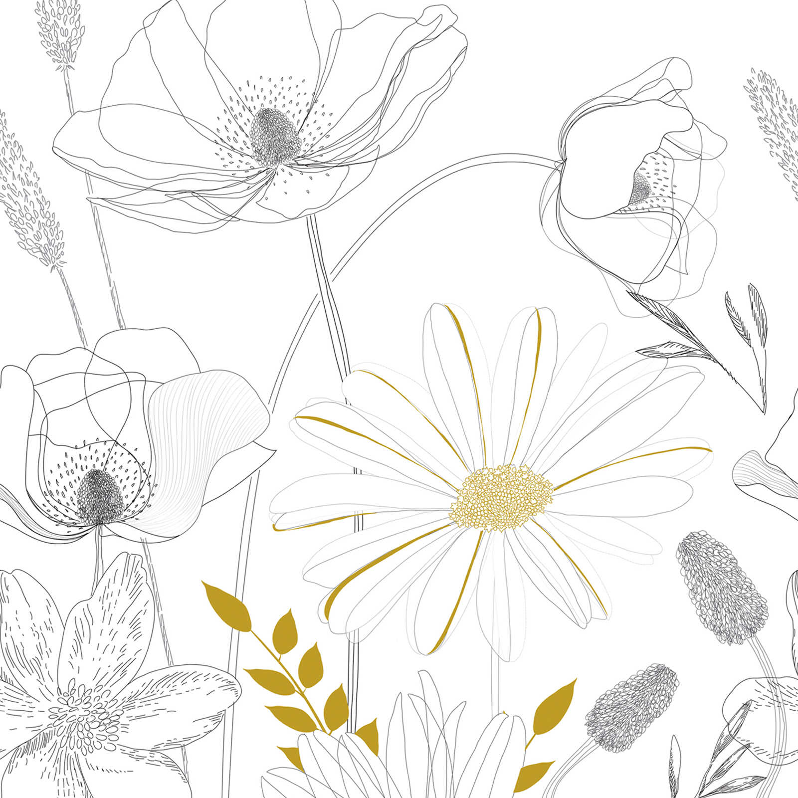             Gezeichnete Blumenmotiv Tapete mit Farbakzenten – Weiß, Schwarz, Gelb
        