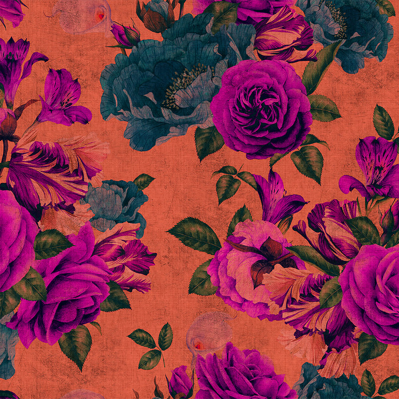 Spanish rose 2 - Rosenblüten Fototapete, natürlich Struktur mit leuchtenden Farben – Orange, Violett | Mattes Glattvlies
