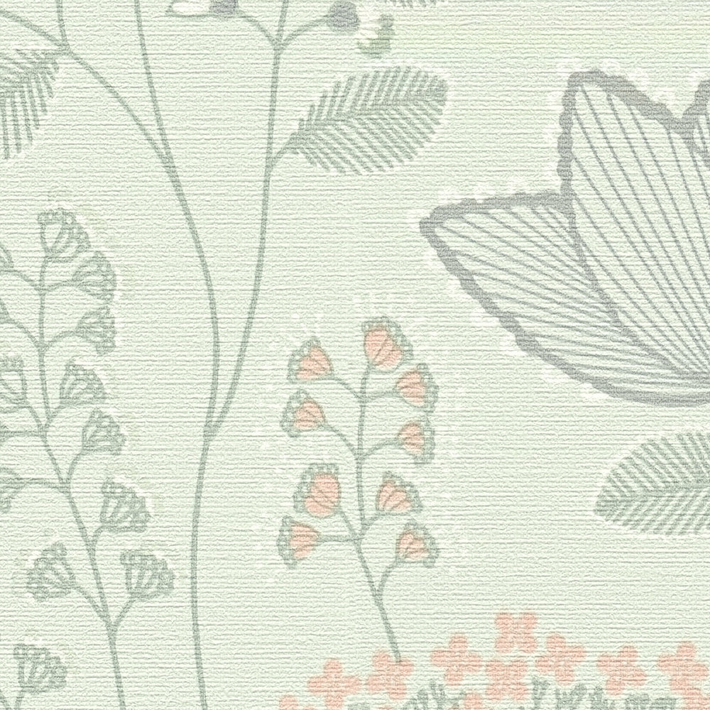             Tapete floral mit Blättern im Retro-Look leicht strukturiert, matt – Grün, Grau, Rosa
        