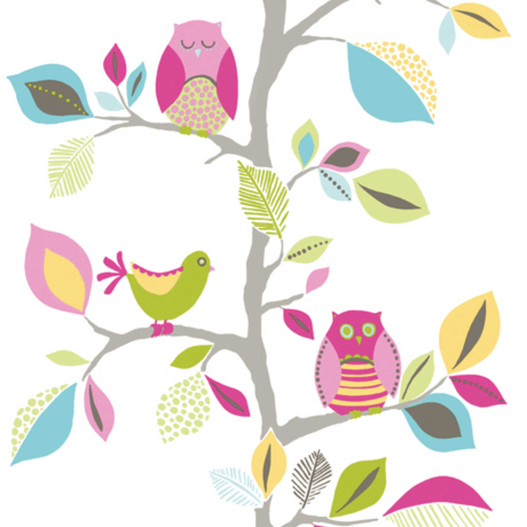             Tapete Eulen Muster mit Blättern & Vögeln für Kinderzimmer – Bunt
        