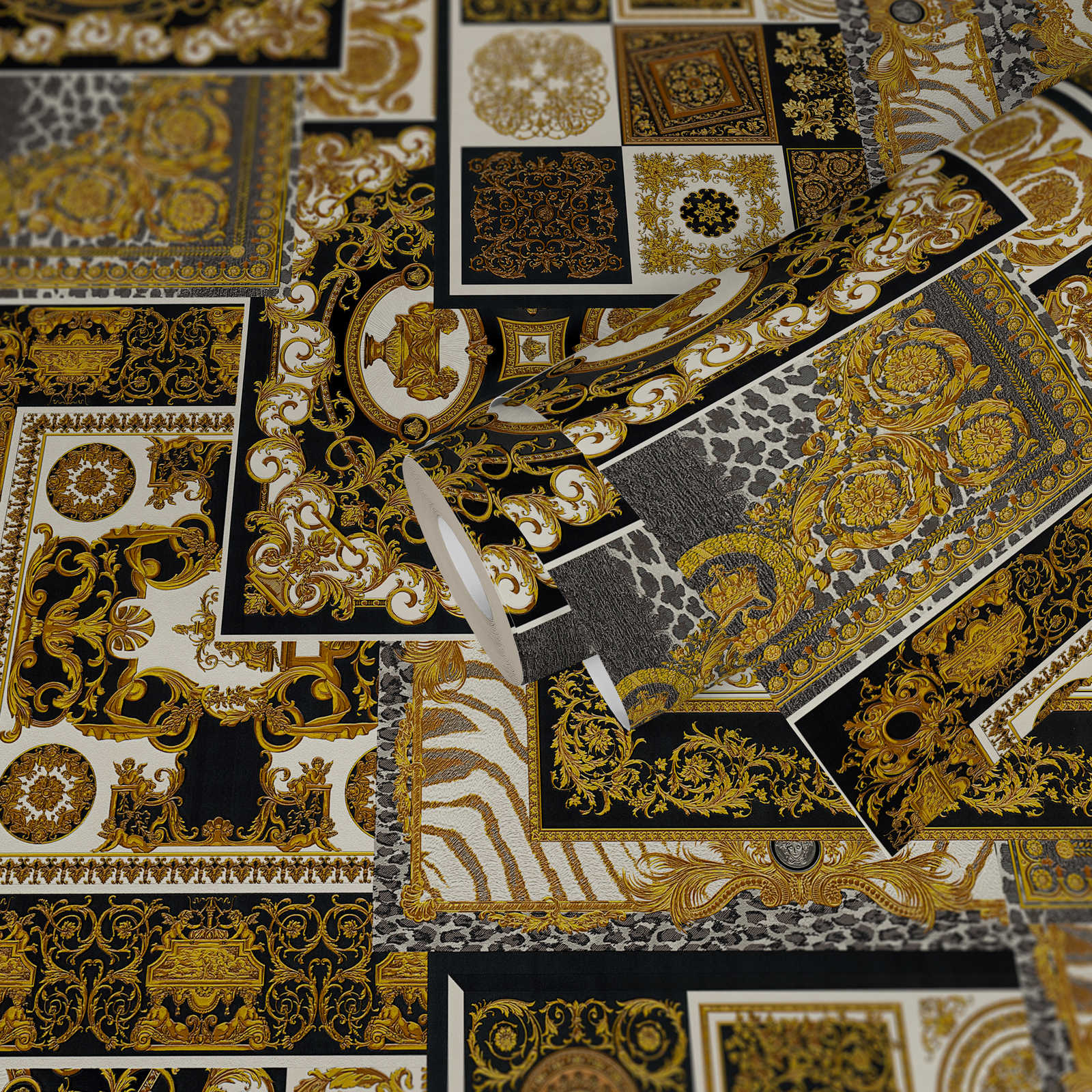             VERSACE Home Tapete Barock-Details & Animal Print – Gold, Silber, Schwarz
        