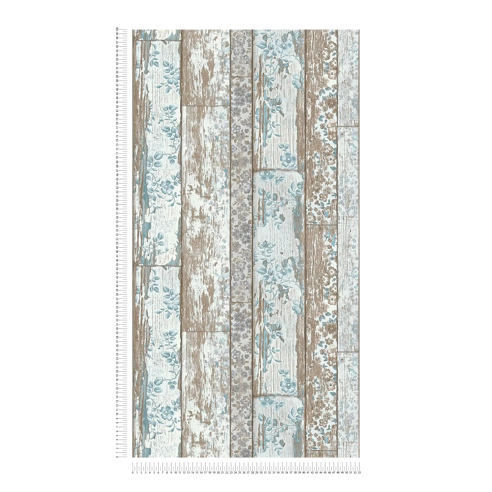             Landhaus Tapete Bretteroptik mit Vintage Blumenprint – Blau, Braun, Grau
        