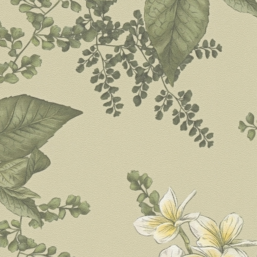             Tapete im floralen Stil mit Blüten & Gräsern strukturiert matt – Grün, Dunkelgrün, Weiß
        