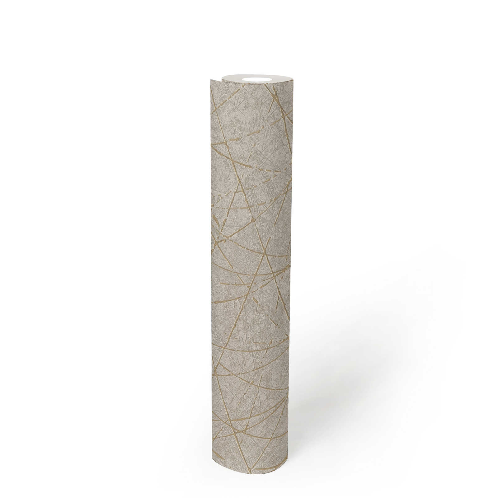             Vliestapete mit grafischen Linien & Metalliceffekt – Creme, Grau, Gold
        