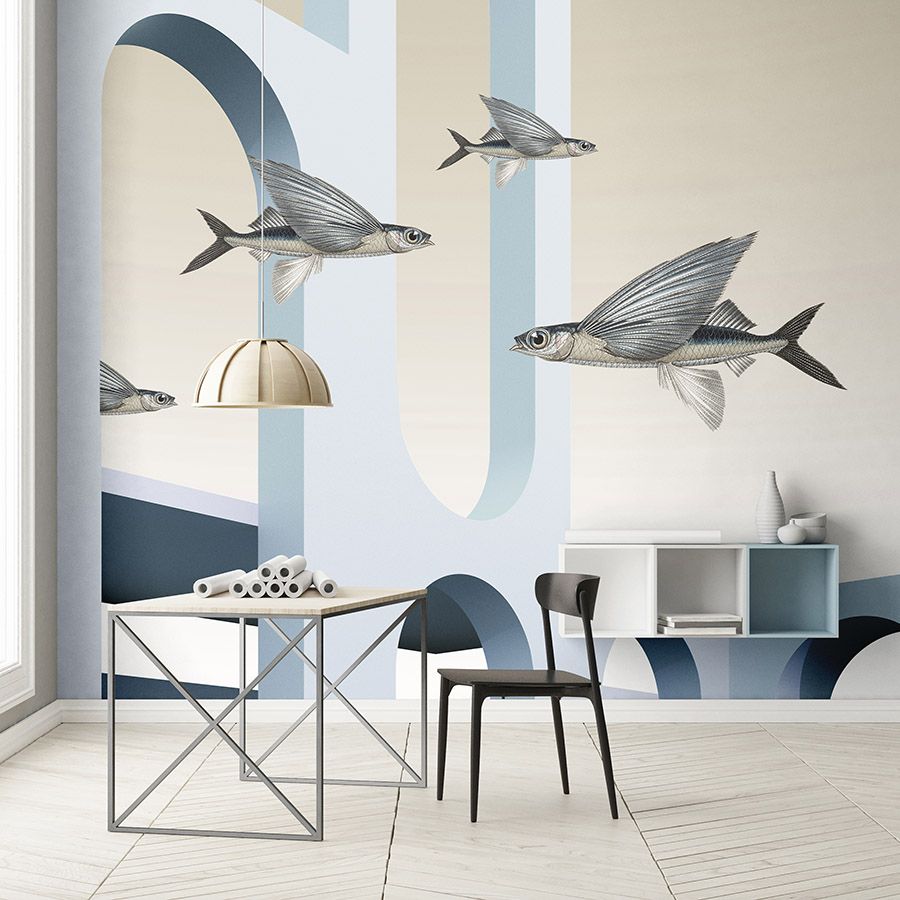 styx – Fototapete mit abstrakter 3D-Architektur und fliegenden Fischen – Glattes, leicht perlmutt-schimmerndes Vlies
