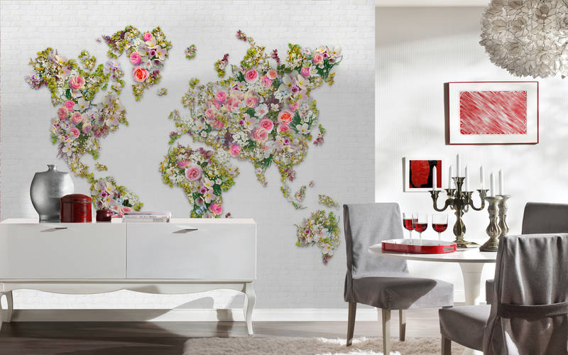 Raumbild Fototapete Rosen & Blüten als Weltkarte auf weißer Wand