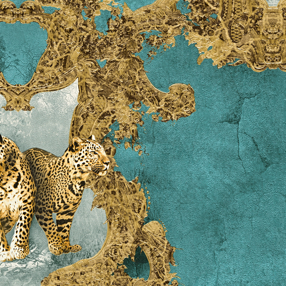             Tapete Ornamente & Leoparden Motiv – Blau, Braun
        